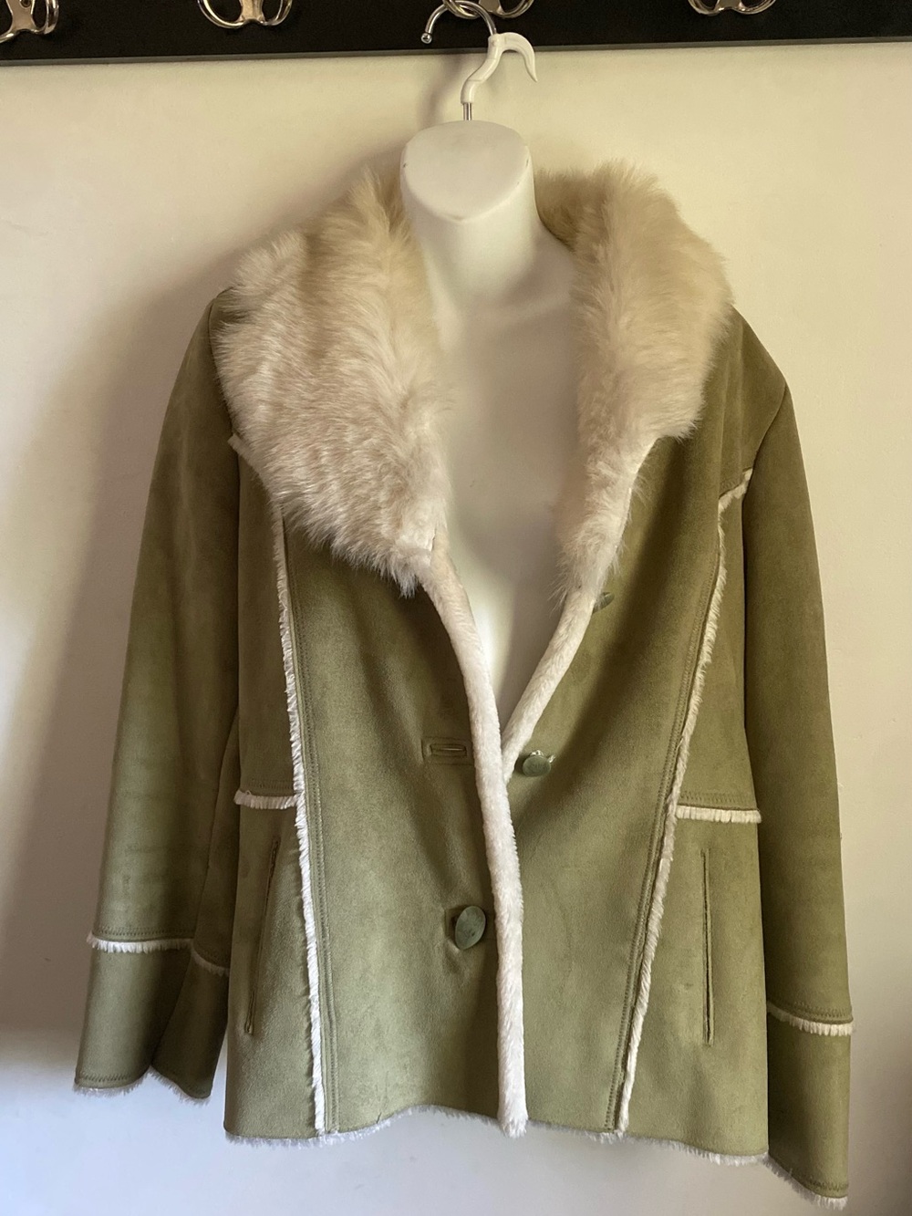 Olive Green Shearling Coat with Cream Fur Trim